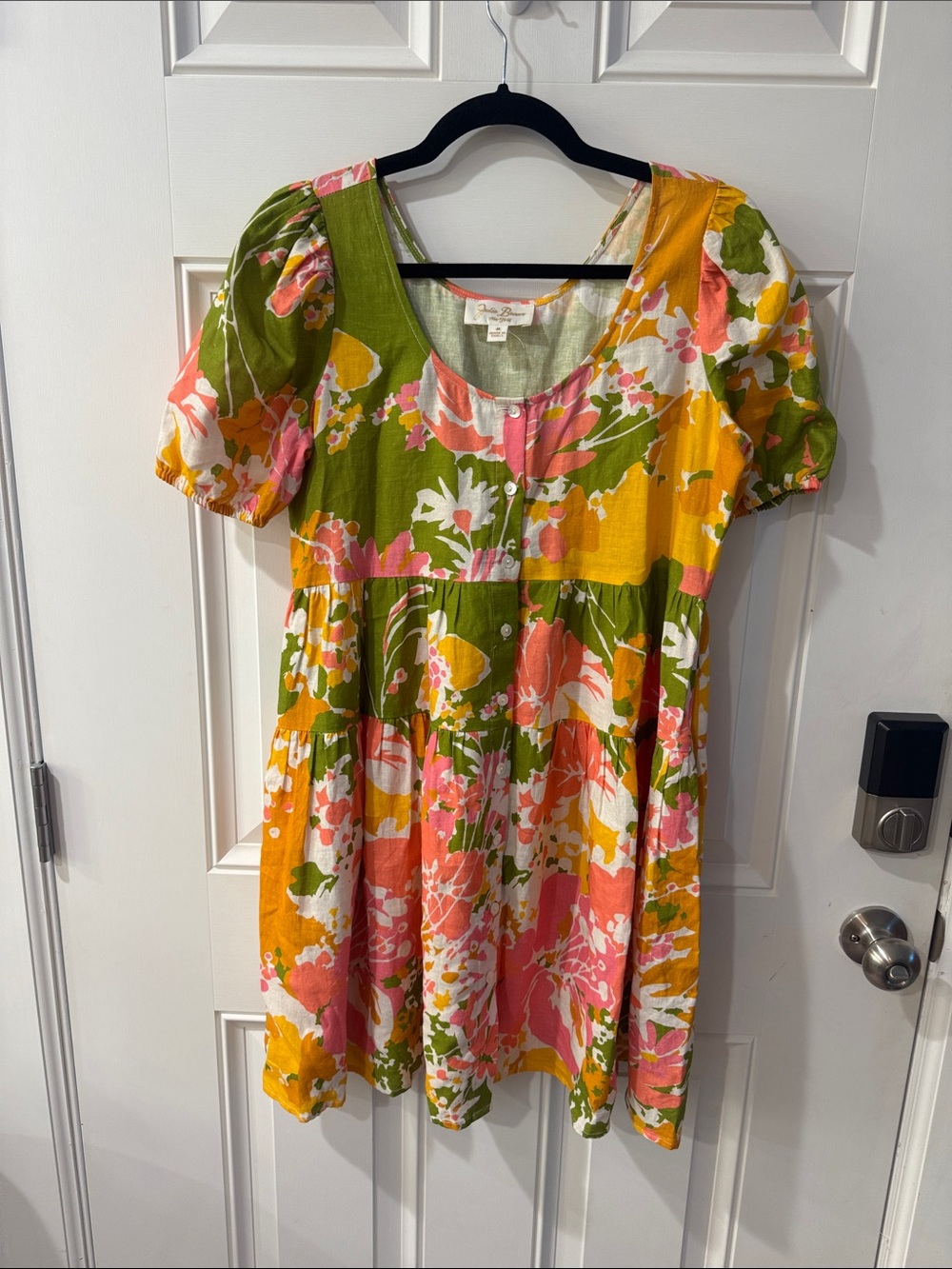 JB by Julie Brown Floral Puff-Sleeve Mini Dress in Pink, Green & Yellow